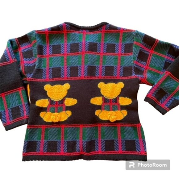 1980's AOP Teddy Bear Tartan Plaid Plush Tail Themed Cardigan Sweater Medium - Picture 3 of 12